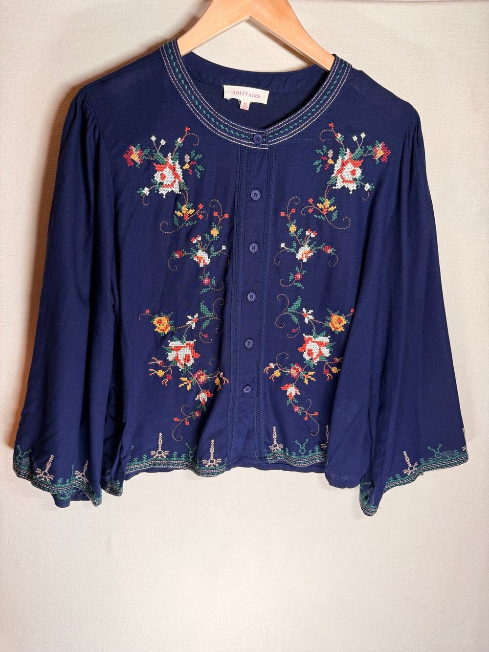 Solitaire XL Linen Rayon Embroidered Floral Boho Bell Sleeve Button Blouse